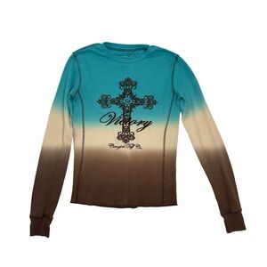 Cowgirl Tuff Co. 2000s Ombre Embroidered Studded Cross Graphic Thermal Tee Y2K
